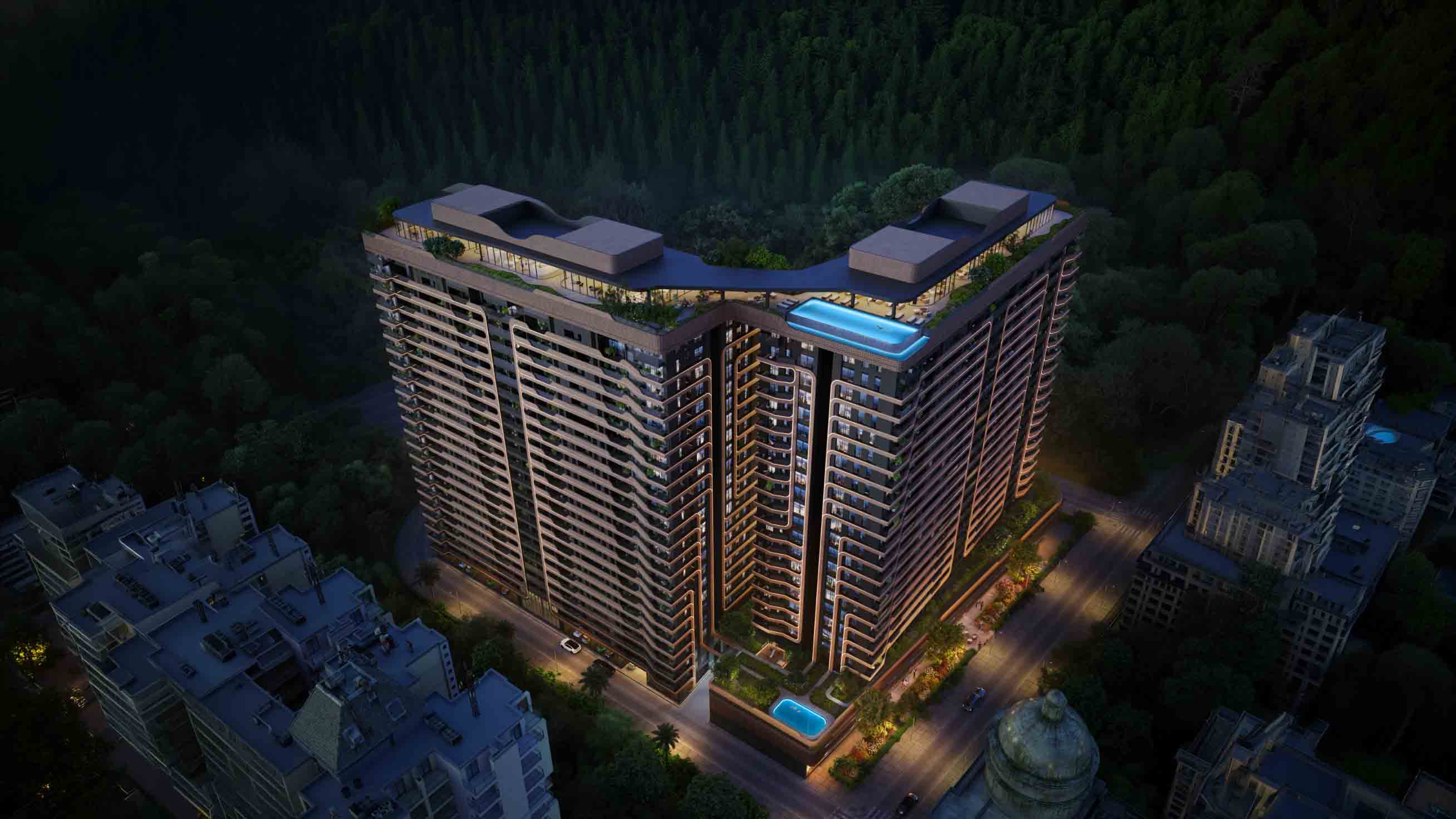 Pristine Amore dusk render with rooftop infinity pool